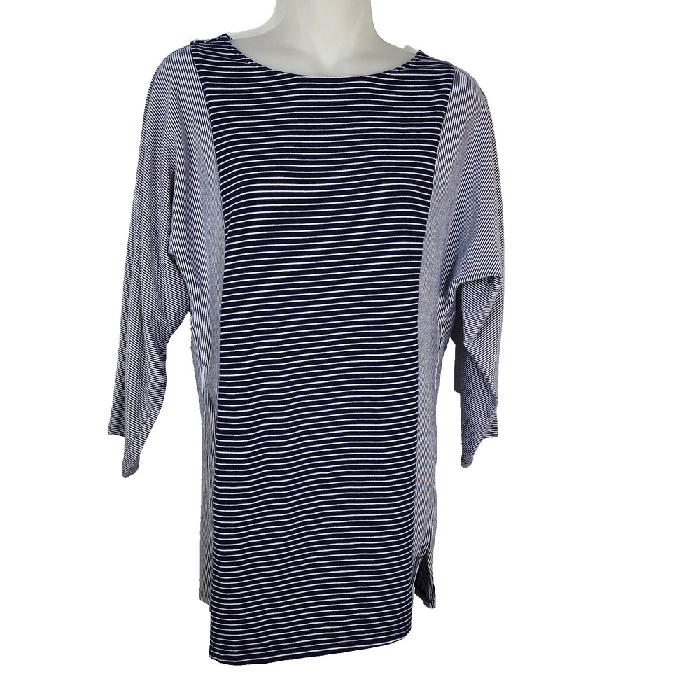 Zenergy By Chico’s Tunic Top Size 0 Small Lucy Stripe Mix Navy Blue 3/4 Sleeve